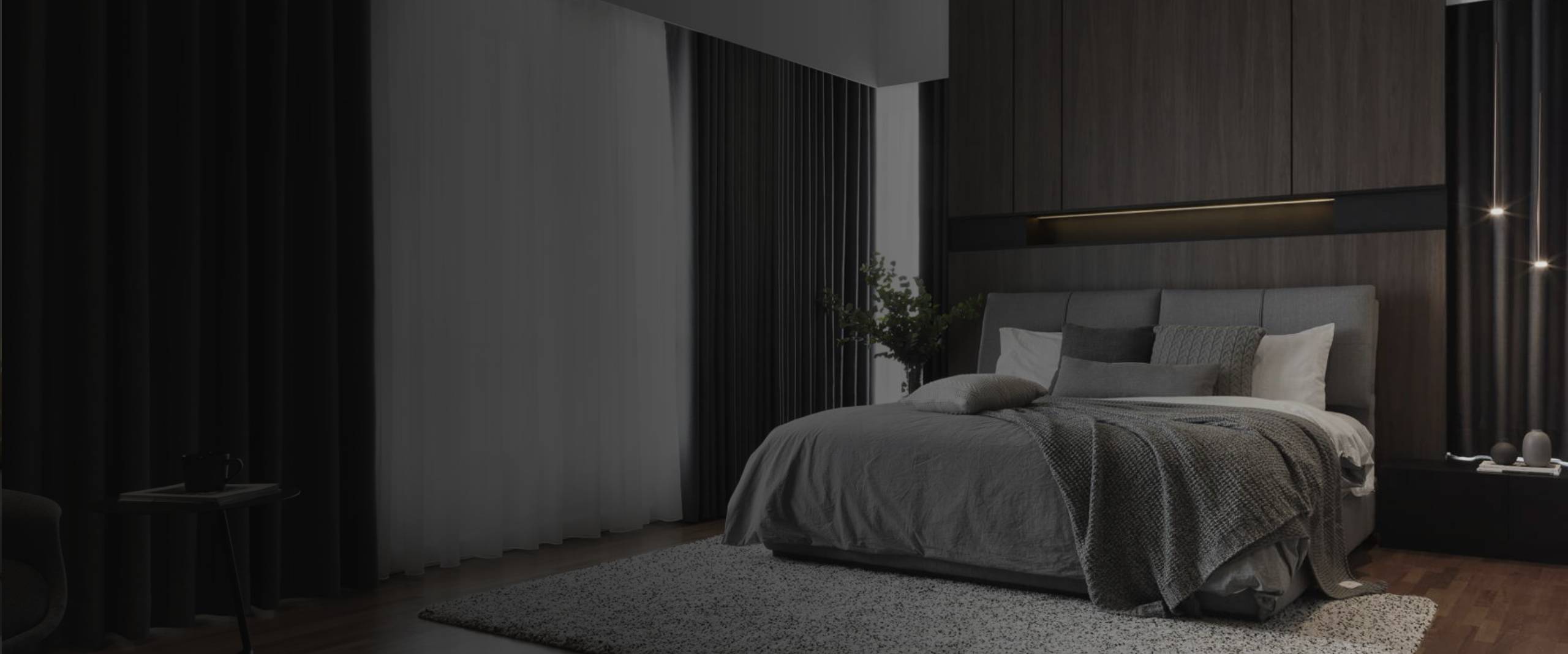 Renovated master bedroom with wood panel headboard wall and layered curtains by Thomson Renovation Contractor