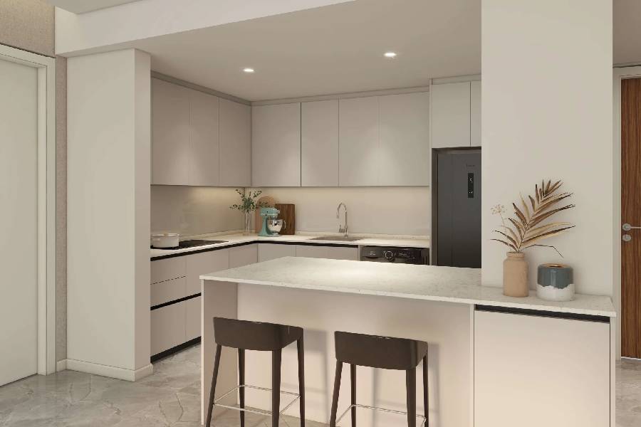 HDB BTO open kitchen with white cabinetry, island counter and bar stools