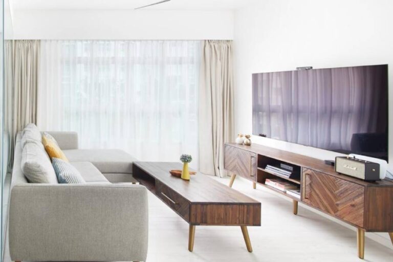 HDB BTO living room with grey sectional sofa