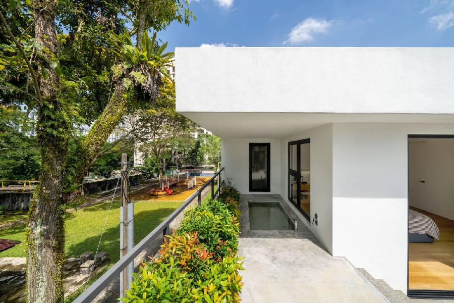 Landed property upper-level terrace with plunge pool and glass door access
