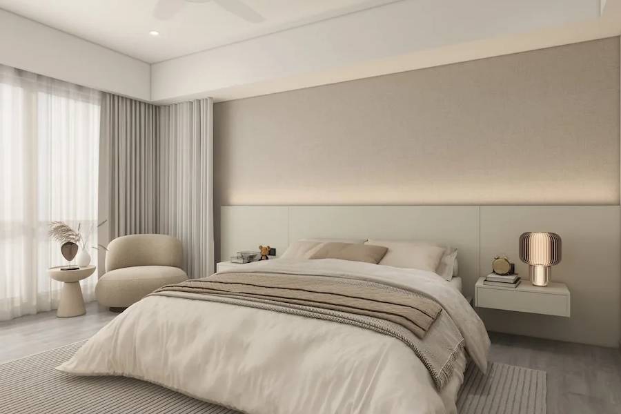 Bedroom with beige upholstered wall panel and floating bedside table
