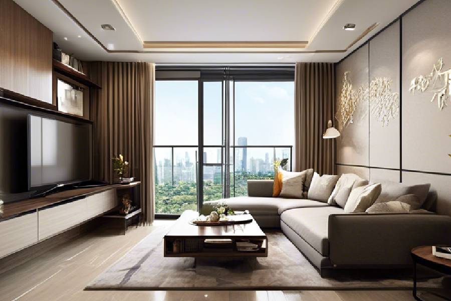 Condo living room with sectional sofa, coffered ceiling and panoramic window view