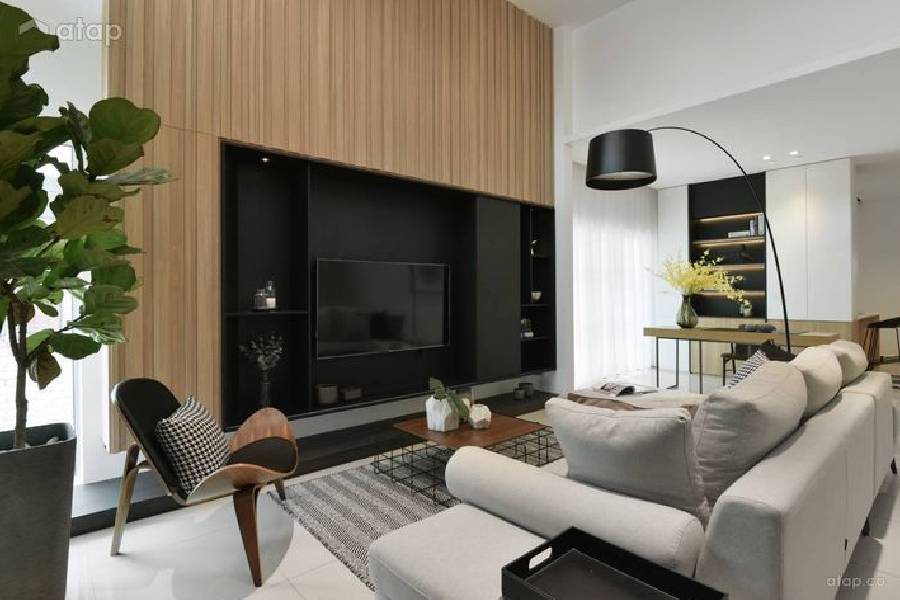 Modern living room with wood-panelled TV feature wall, black media console and light grey sofa